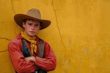 Portrait of young cowboy man posing with cowboy hat, hillbilly teenager, handsome model, ranch style, western