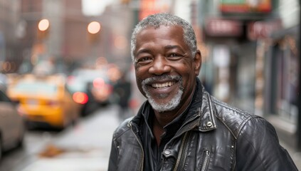 Fototapeta premium Urban Elegance: Joyful Senior Man's Vibrant Smile on the City Streets Generative AI.