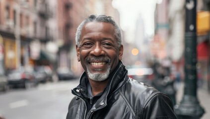 Fototapeta premium Urban Elegance: Joyful Senior Man's Vibrant Smile on the City Streets Generative AI.