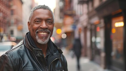 Fototapeta premium Urban Elegance: Joyful Senior Man's Vibrant Smile on the City Streets Generative AI.