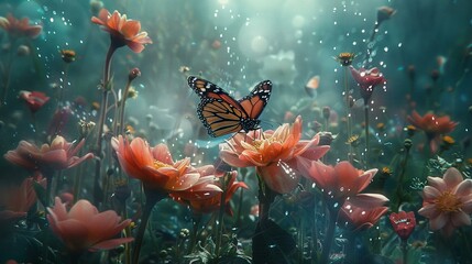 Fototapeta na wymiar Ethereal garden in bloom butterflies among hopes blossom