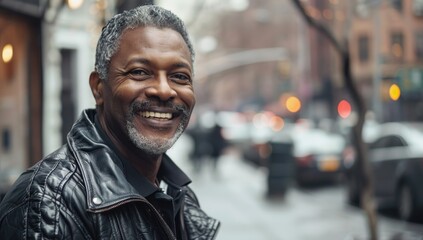 Urban Elegance: Joyful Senior Man's Vibrant Smile on the City Streets Generative AI.