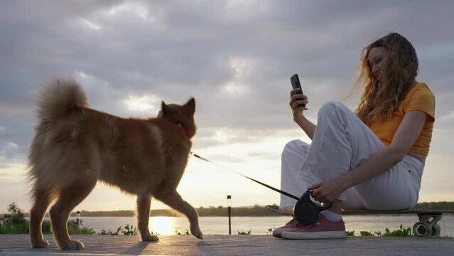 Woman takes picture of dog on walk. Young happy smiling girl sitting on skateboard, holding leash, using phone to take make photo of favorite beloved Akita Inu dog. Walk in park with pet at sunset