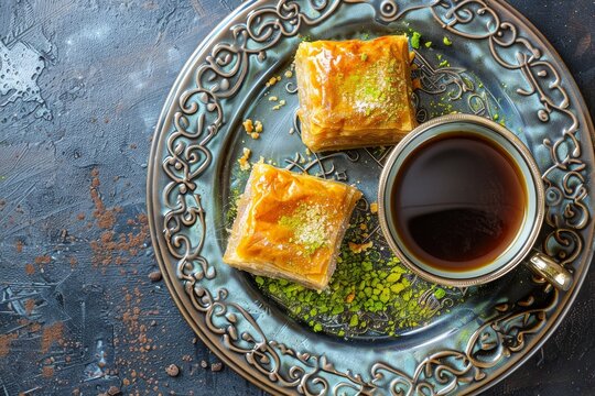 Middle Eastern dessert Knafeh with Arabic coffee Top view of Turkish Baklava and coffee photography