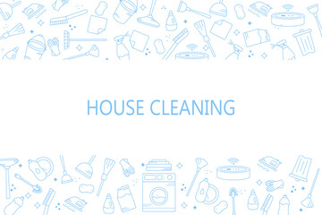Obraz premium Vector background on the theme of cleaning or cleaning service. Vector blue icons on a white horizontal background.