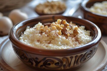 Middle Eastern rice pudding with cinnamon and nuts
