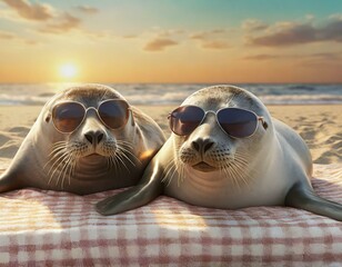 Two happy seals wearing sunglasses relaxing on a beach towel at sunset