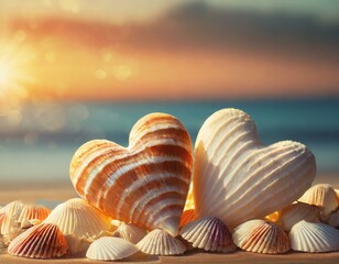 Close-up shot of two heart-shaped seashells on a sandy beach at sunset, surrounded by others