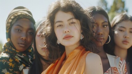 Harmony in Diversity: A succinct portrayal of women from various racial backgrounds coming together to challenge racism. - obrazy, fototapety, plakaty