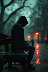 A man sits on a bench in the rain, looking down