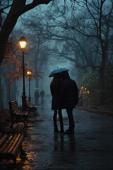 A couple is standing under an umbrella in the rain