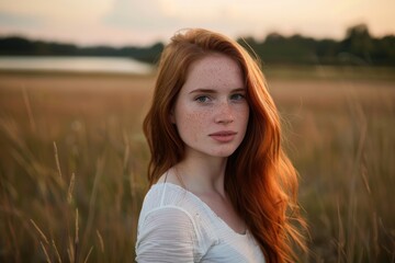 Autumn Whisper: Serene Redhead Embracing the Golden Sunset Generative AI