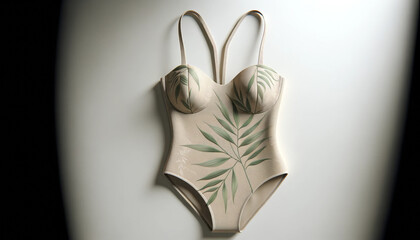 Subtle Elegance Beige Swimsuit with Light Green Leaf Print Design