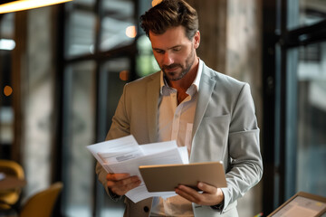 Businessman in smart casual standing near his desk in modern office with natural light, working and reading on tablet from his work table