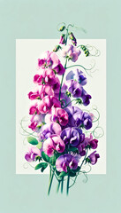 Purple Sweet Pea Flowers. A bouquet of purple and pink flowers with green stems