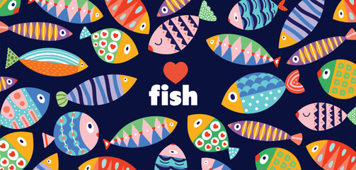Cute retro colorful cartoon illustration with  fish on white background. Vector illustration. Poster. - 779628543