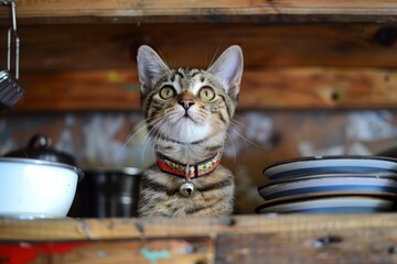 Multicolored cat collar with bell for sale on shelves - obrazy, fototapety, plakaty
