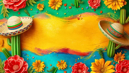 Fotobehang Cinco De Mayo concept with a cactus and a sombrero. Mexican holiday traditions, colors mexican flag. © Svetlana Kolpakova
