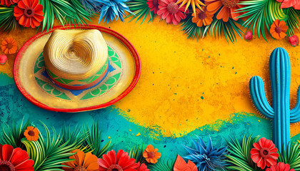 Cinco De Mayo concept with a cactus and a sombrero. Mexican holiday traditions, colors mexican flag.