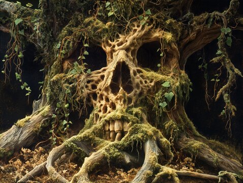A skull is growing out of a tree. The skull is surrounded by vines and moss. The image has a creepy and eerie mood