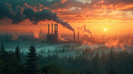Industrial sunset over forest landscape - obrazy, fototapety, plakaty
