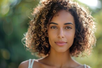 Serene Beauty in Nature: Mixed Race Woman’s Calm Portrait by Generative AI - obrazy, fototapety, plakaty
