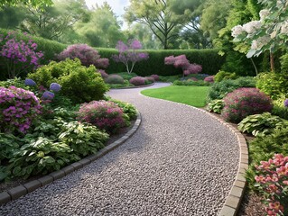 A garden with a gravel path and a hedge. The garden is full of flowers and bushes