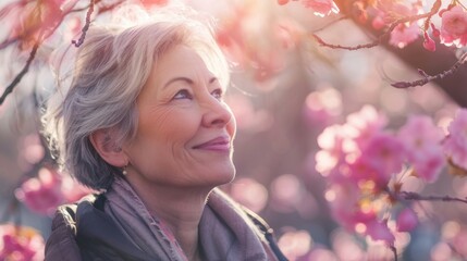 Fototapeta premium Spring Reverie: Elegant Senior Lady Amidst Blossoming Cherry Trees - Generative AI