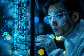 A scientist intensely examines glowing DNA sequences on a high-tech computer screen.