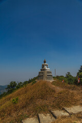 A statue of Buddha sits on a hilltop, surrounded by a lush green hillside