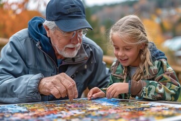 A grandparent and grandchild share a moment of bonding over a colorful puzzle.