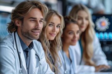 A group of healthcare professionals in lab coats discussing with focused expressions.