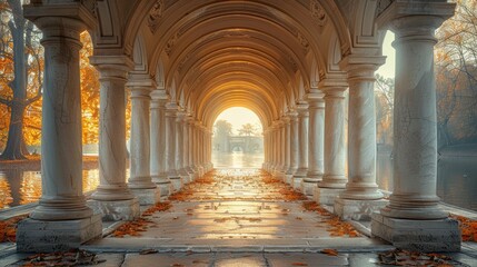 Mystical autumn colonnade at sunrise