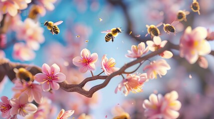 spring blossom in full bloom with bee on flowers branch 