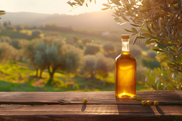 Naklejka premium Golden olive oil bottles with olives leaves and fruits setup in the middle of rural olive field with morning sunshine
