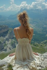View from the back of a young woman sitting on the top of a mountain against the backdrop of a green landscape