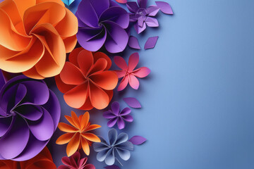 Abstract paper craft shapes in bright colors and photorealistic lilac background.