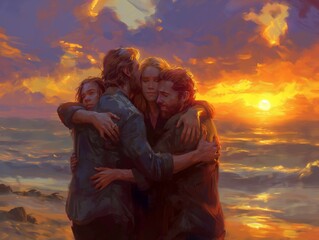 A painting of a family hugging each other on a beach at sunset. The mood of the painting is warm and loving