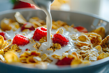 Fresh milk or yogurt pouring over a bowl of cereal flakes and berries fruits cold breakfast - Powered by Adobe