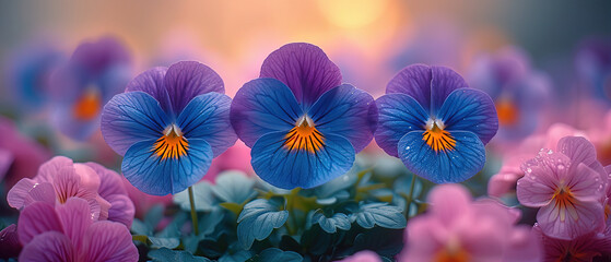 Fototapeta premium purple and blue flowers with yellow centers in a field