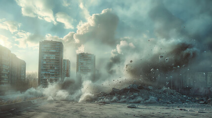 The city was destroyed by war, buildings, cars and roads were destroyed. Moment of bomb explosion with cloud of smoke - obrazy, fototapety, plakaty