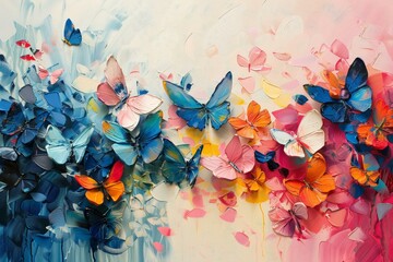 Abstract petals and butterflies drift in the hopeful breeze of a painted spring revival - obrazy, fototapety, plakaty