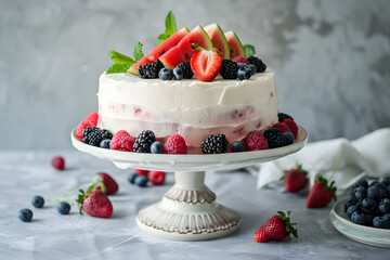 Watermelon fresh sugar free cake with mixed berries on a cake stand
