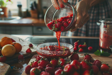 Make a smoothie with berries in the kitchen. - obrazy, fototapety, plakaty