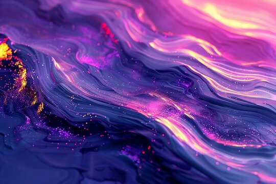 Abstract neon streaks paint a 3D digital landscape, in shades of twilight