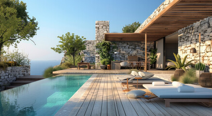 modern rooftop terrace with a pool and outdoor seating area, surrounded by wooden flooring and stone walls, featuring an open-air barbecue space under the shade of an umbrella.
