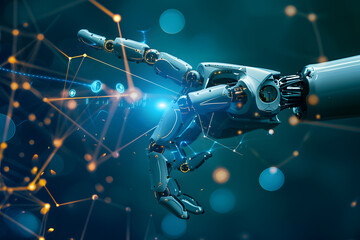 Robot finger pointing with information datum and connection hologram for futuristic robotic artificial intelligence productivity and automation efficiency