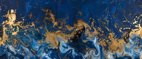 Fototapeta na wymiar Molten gold merges with cobalt blue, creating a dynamic and harmonious play of colors in an abstract liquid realm.