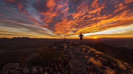 Fototapeta premium Runner silhouetted against a fiery sunset, navigating a ridgeline trail with a vast desert panorama below