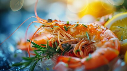 Gourmet Seafood Display with Prawns and Lemon